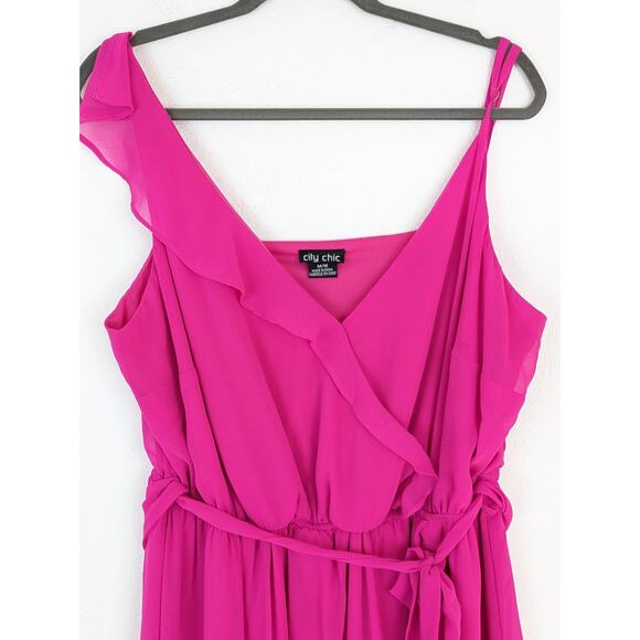 City Chic Dress Maxi Ruffle Flirty Detail Shock Pink Boho Feminine Sexy Size 18 - Picture 3 of 15